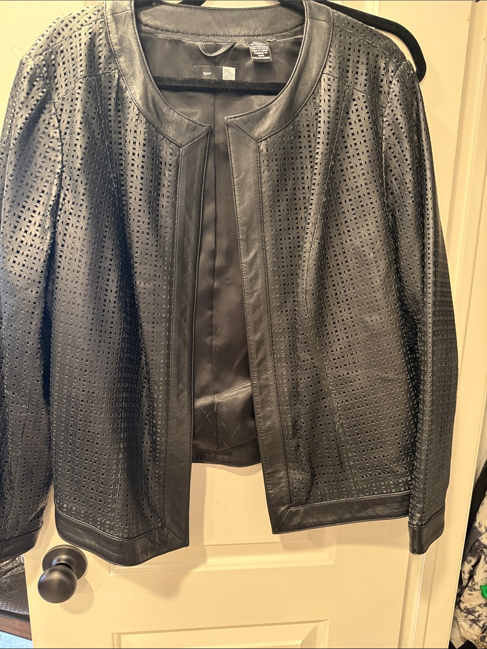 Saks Fifth Avenue Black Perforated Leather Bomber Jacket